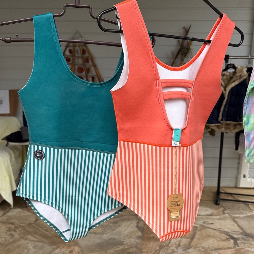 Kudo Surf Striped Teal and Coral Swimsuits